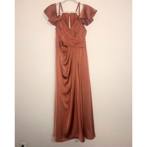 Azazie Dakota Satin Dress Copper Off The Shoulder Size 4 - Picture 3 of 8